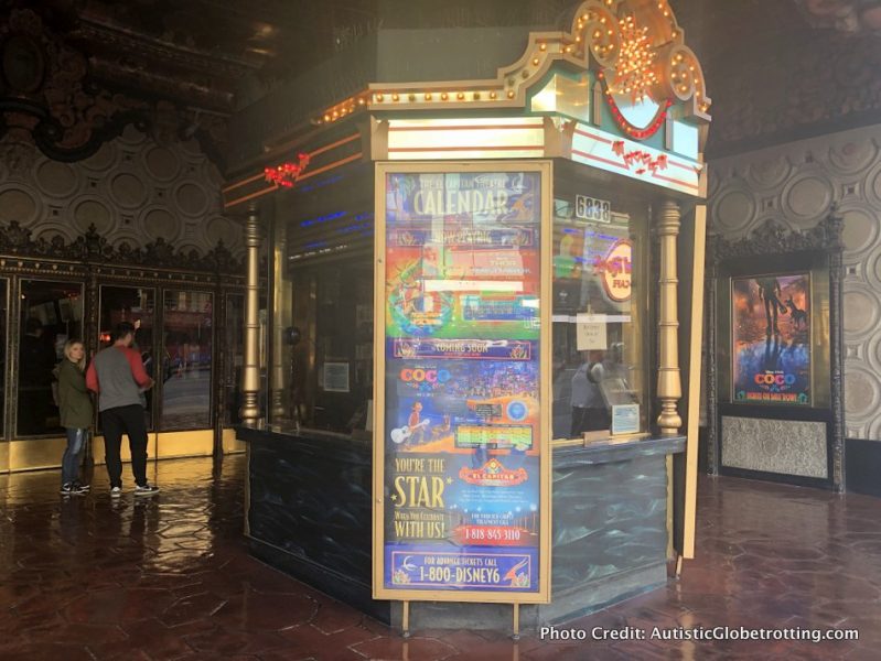 Visiting Hollywood's iconic El Capitan Theatre with Kids ticket booth